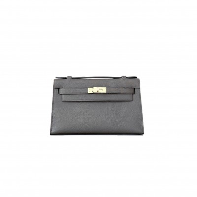 HERMES MINI KELLY FIRST GENERATION EPSOM PEWTER GRAY GOLD BUCKLE (22*14*7cm) 